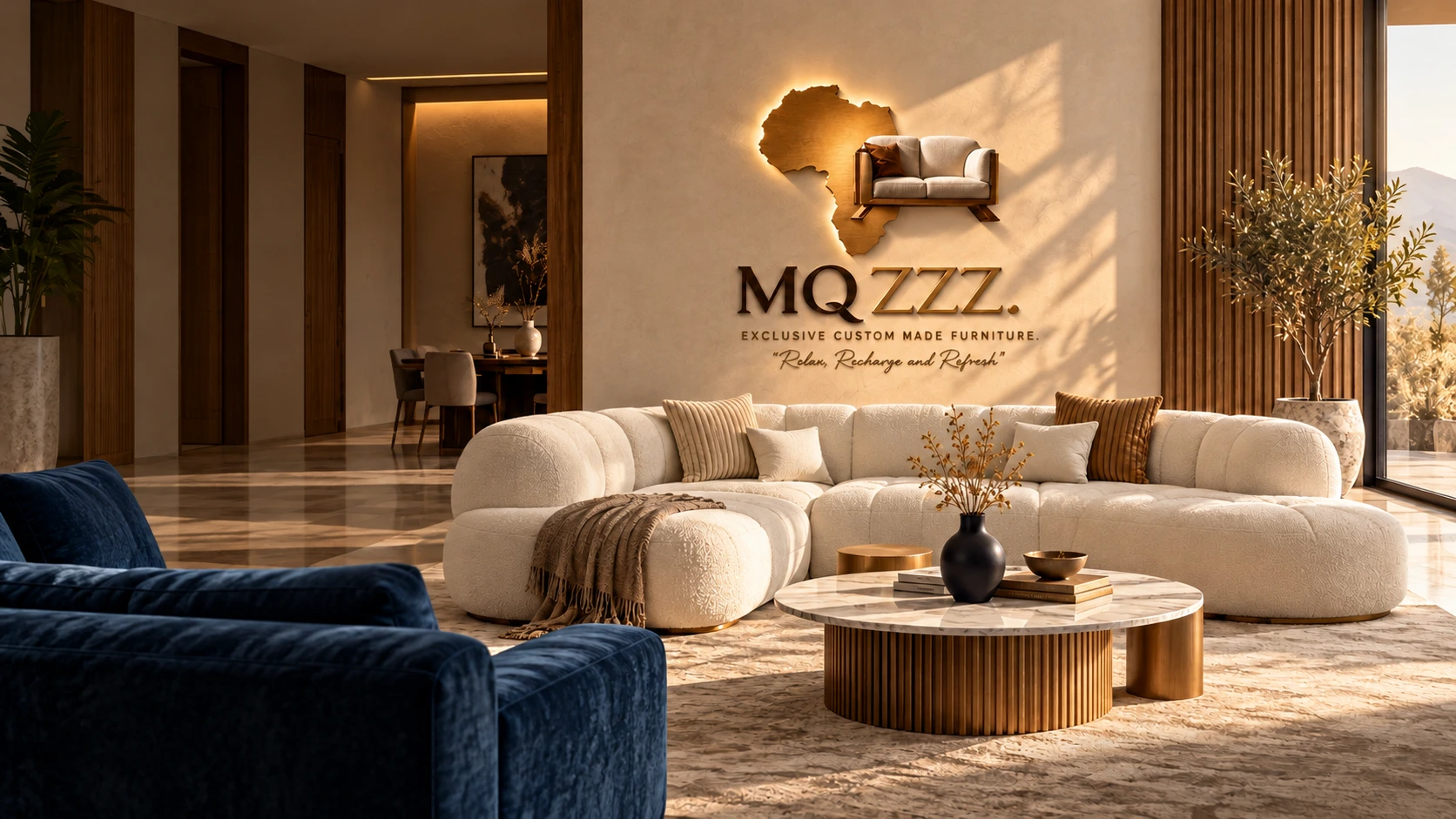 Concept MQZZZ showroom with a sculptural African emblem and ivory curved sectional